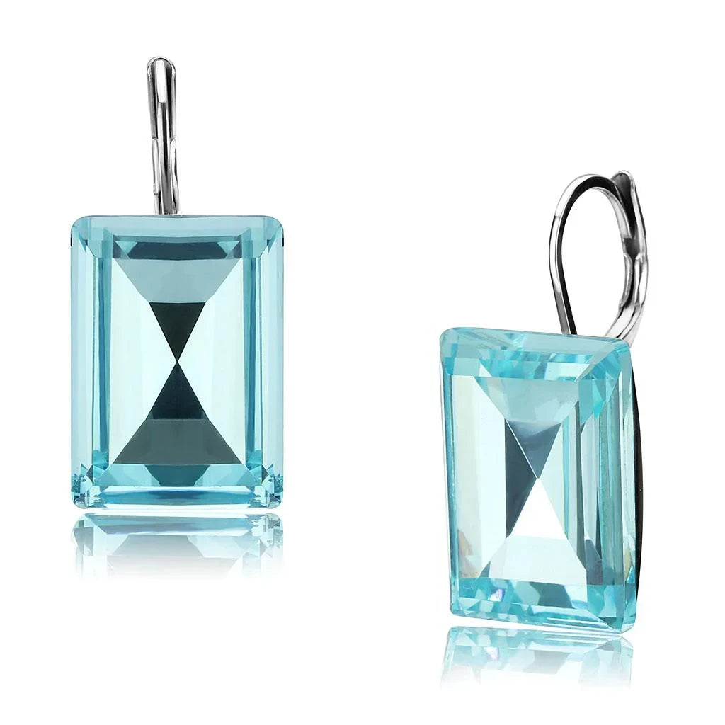 High Polished Earrings with Top Grade Oblong Crystal in Sea Blue
