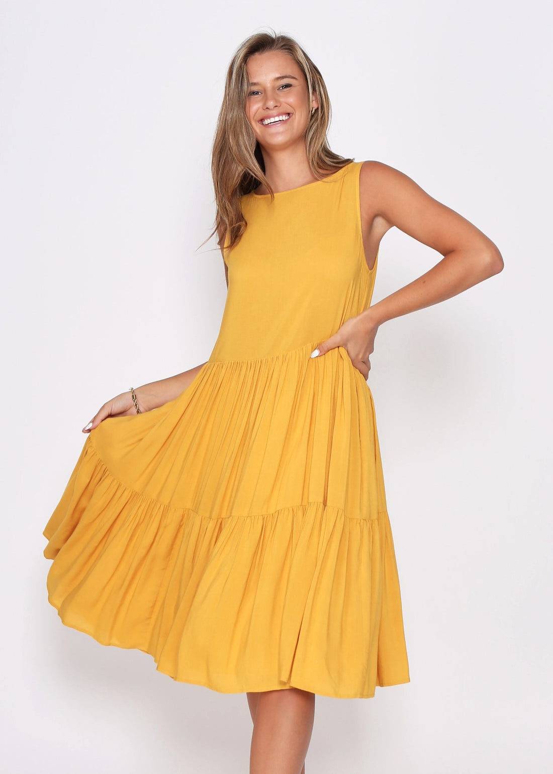 Mustard Dress fully Lined with side pockets. - sammi