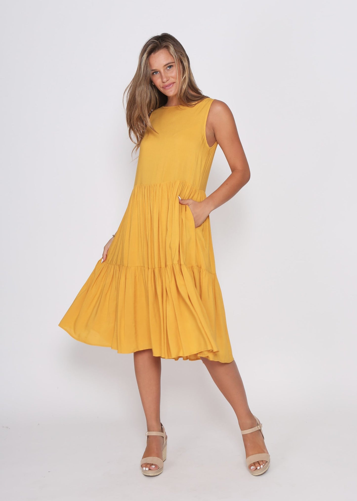 Mustard Dress fully Lined with side pockets. - sammi