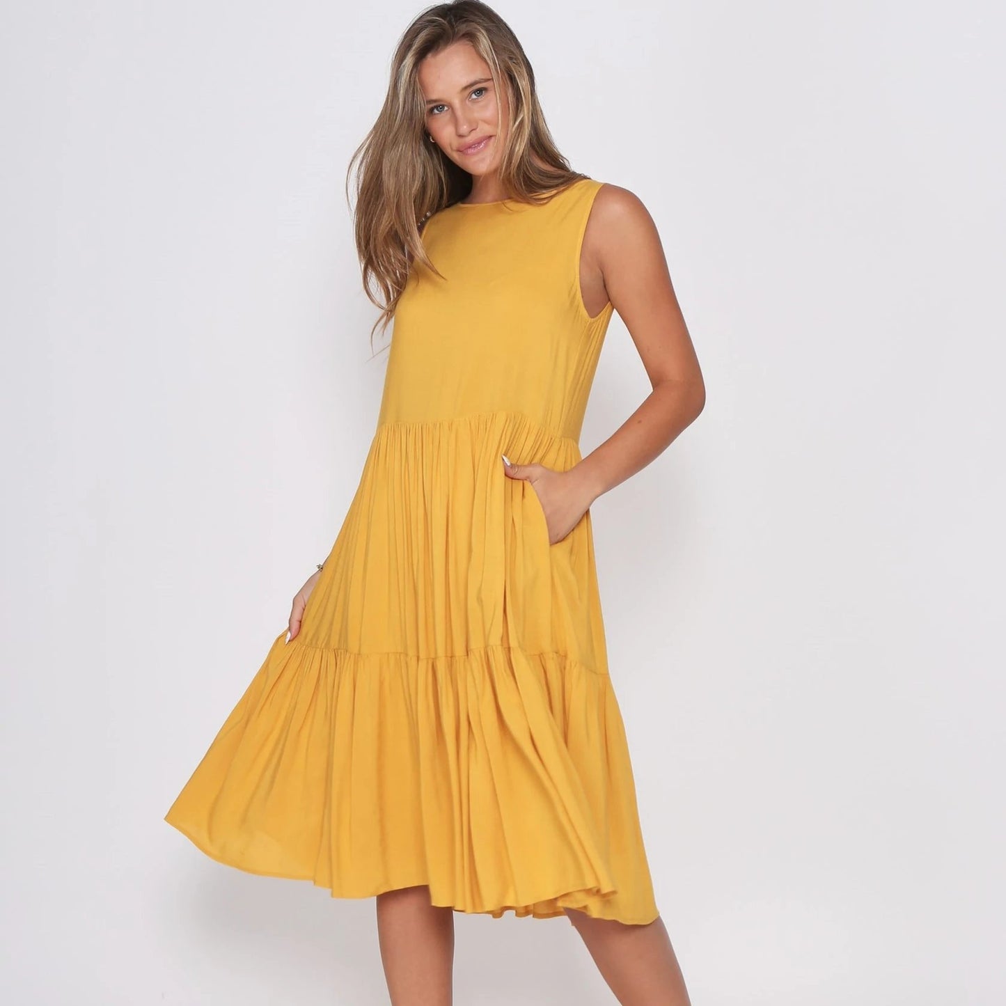 Mustard Dress fully Lined with side pockets. - sammi