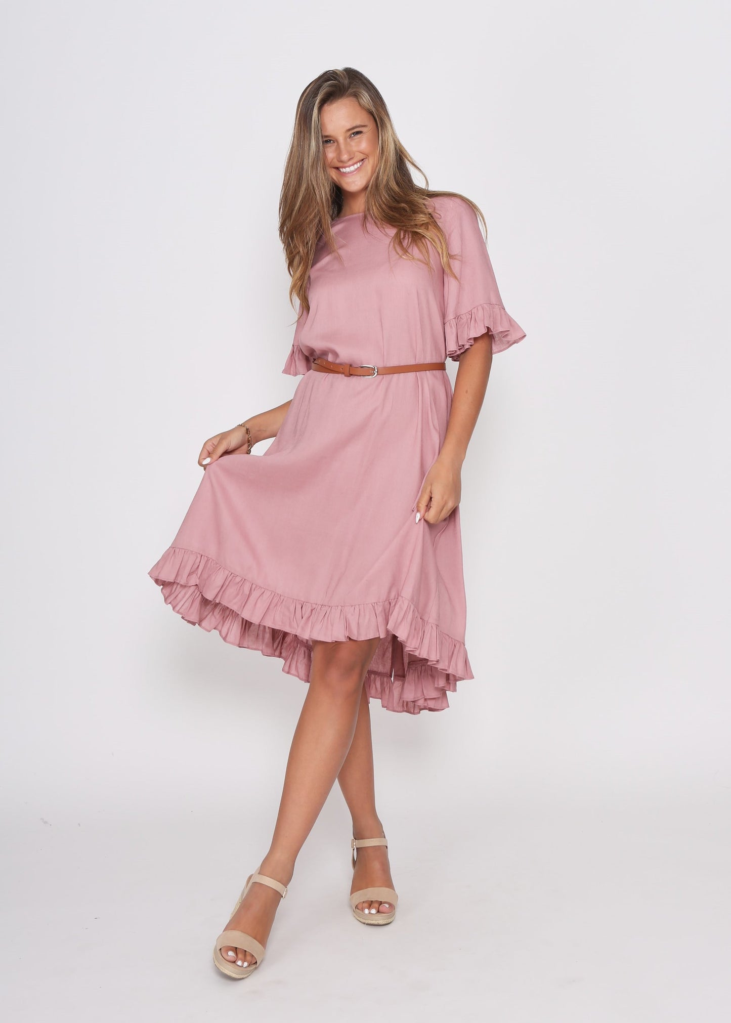 Dusky Pink Dress with pretty sleeve detail and hem line. - sammi