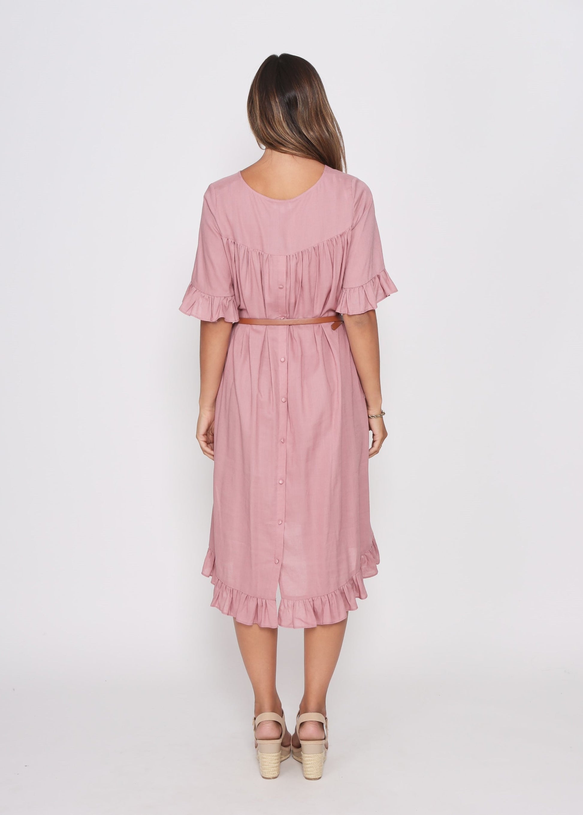 Dusky Pink Dress with pretty sleeve detail and hem line. - sammi
