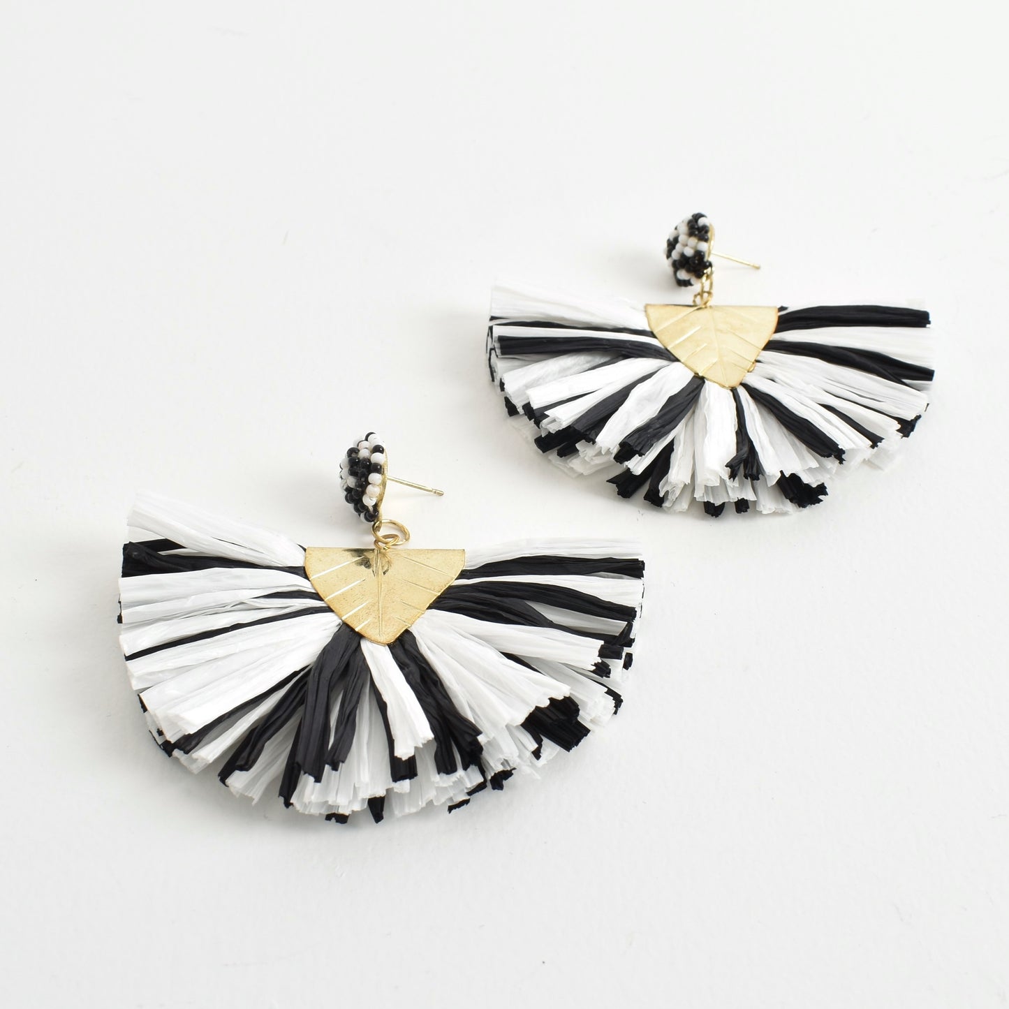 Black and White Raffia Layered Fringe Earrings - sammi