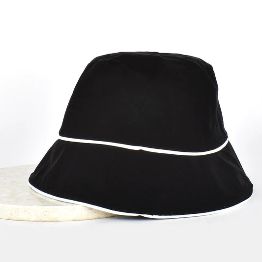 Contrast Trim Black Fabric Sun Hat with white Trim detail.