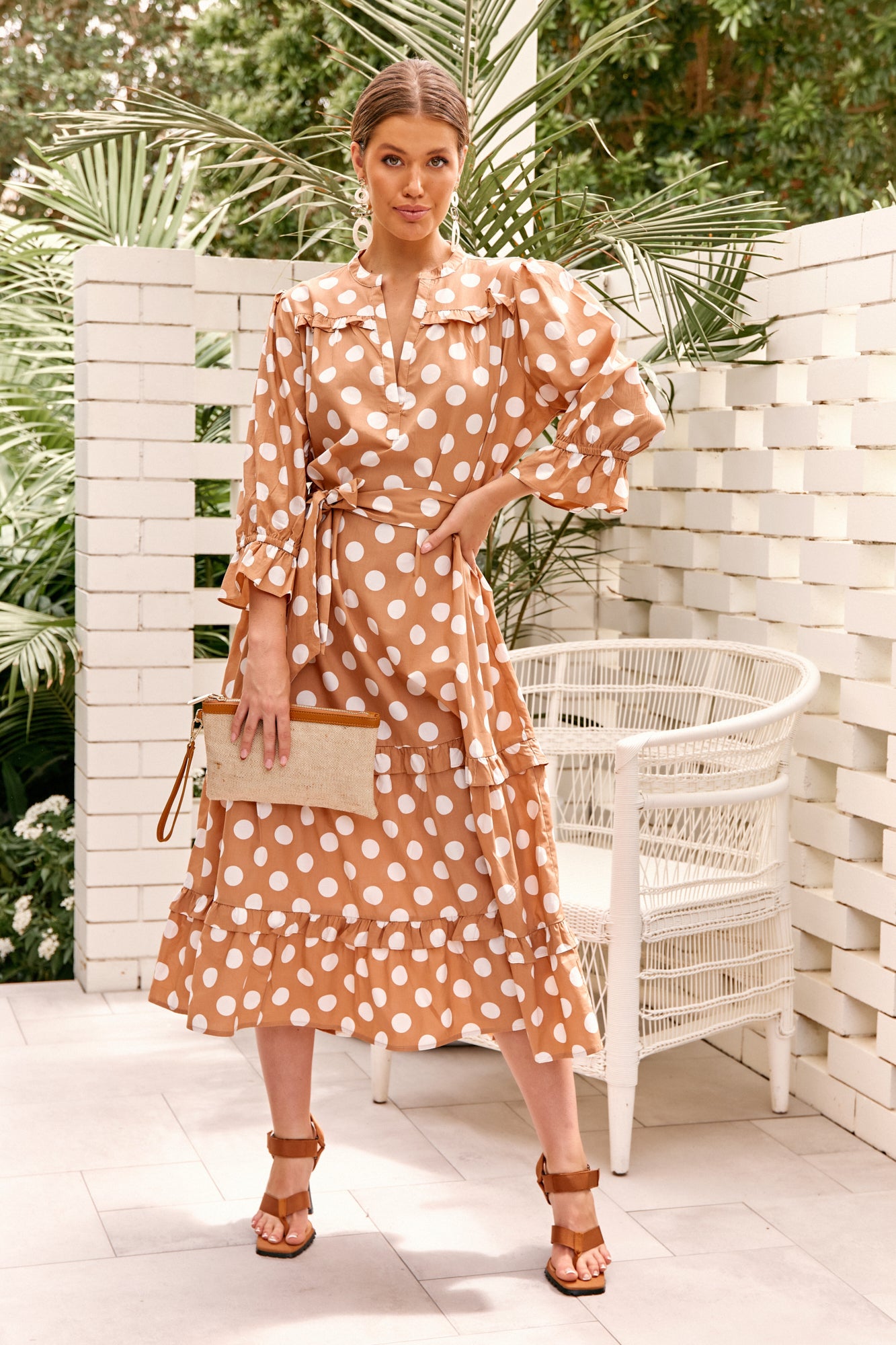 Long Caramel and White Spotted Frill Dress