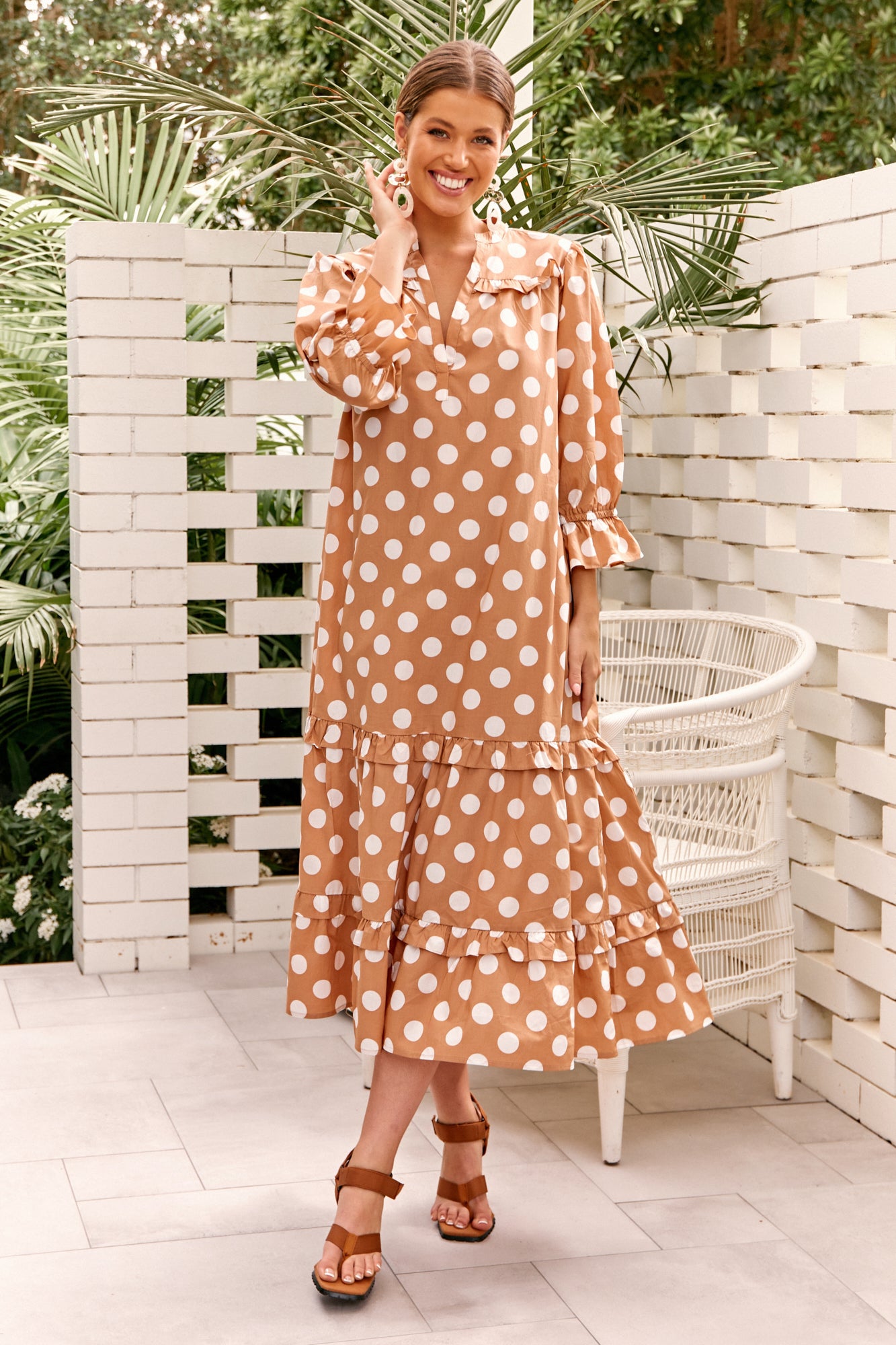 Long Caramel and White Spotted Frill Dress