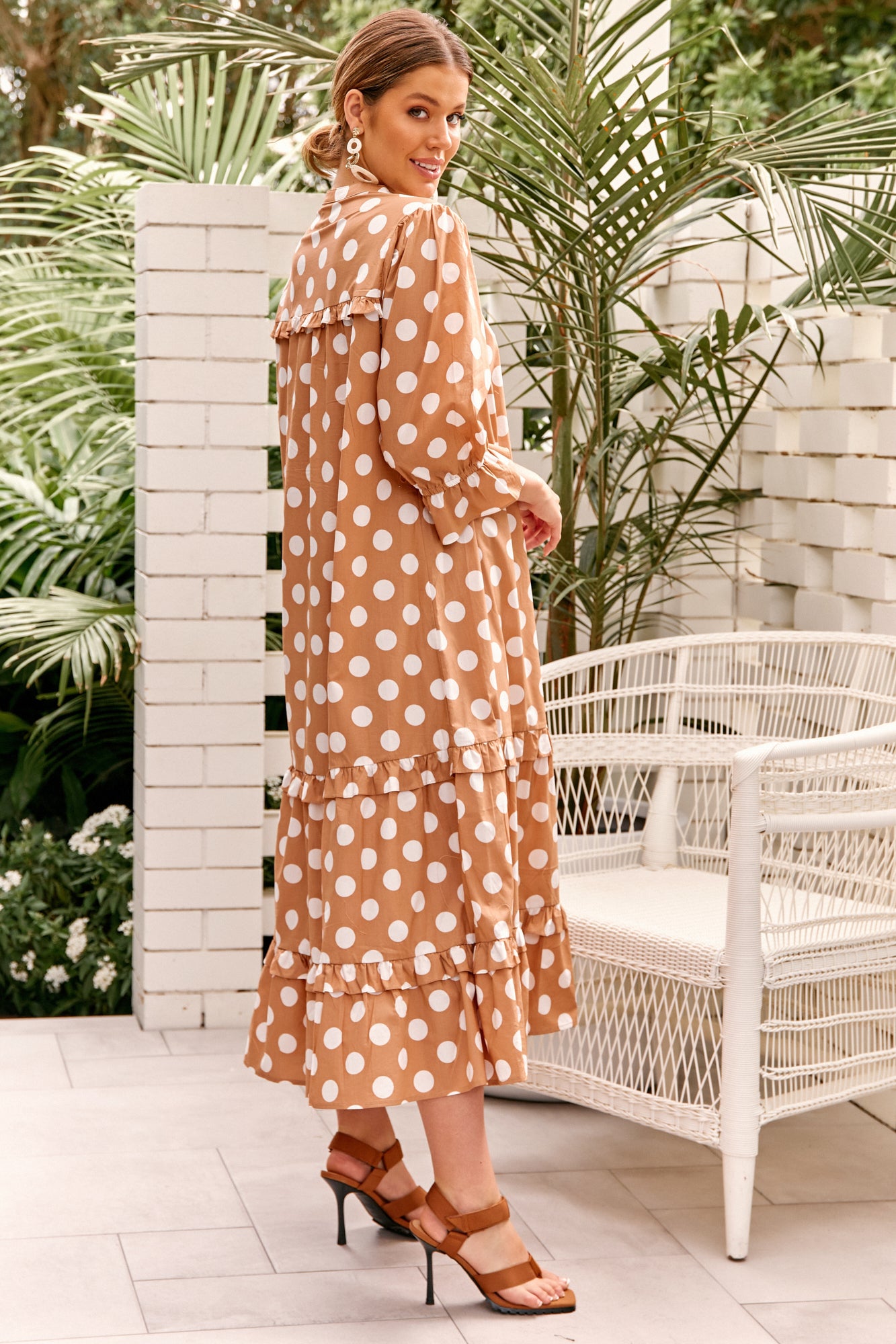 Long Caramel and White Spotted Frill Dress