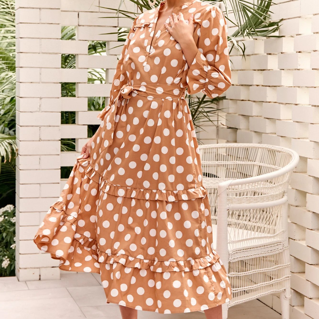 Long Caramel and White Spotted Frill Dress