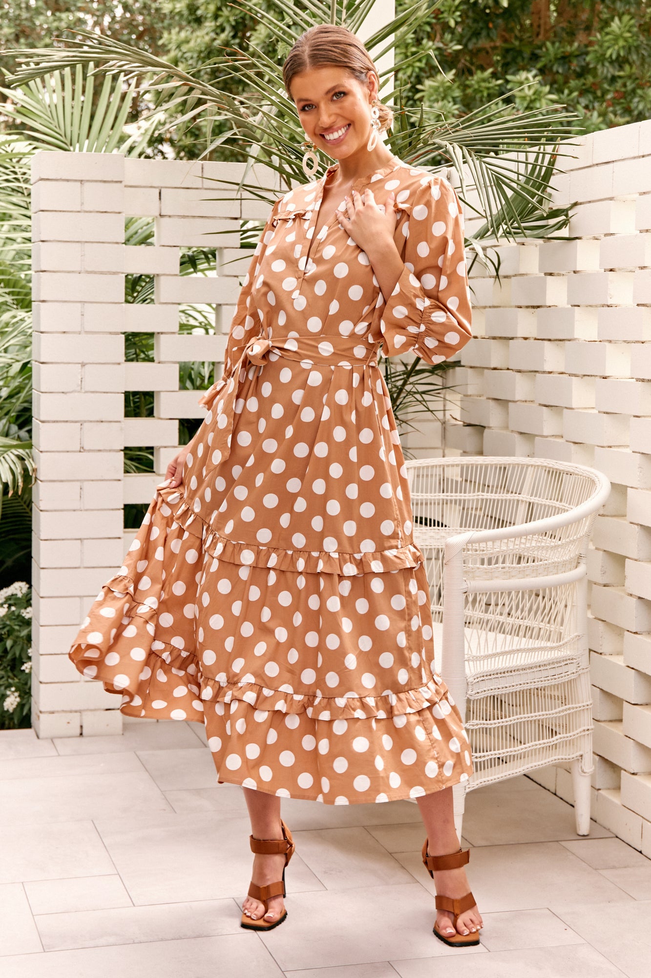 Long Caramel and White Spotted Frill Dress