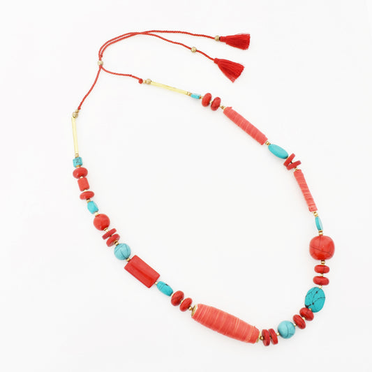 Mixed Stone and Bead Necklace in Red and Turquoise - sammi