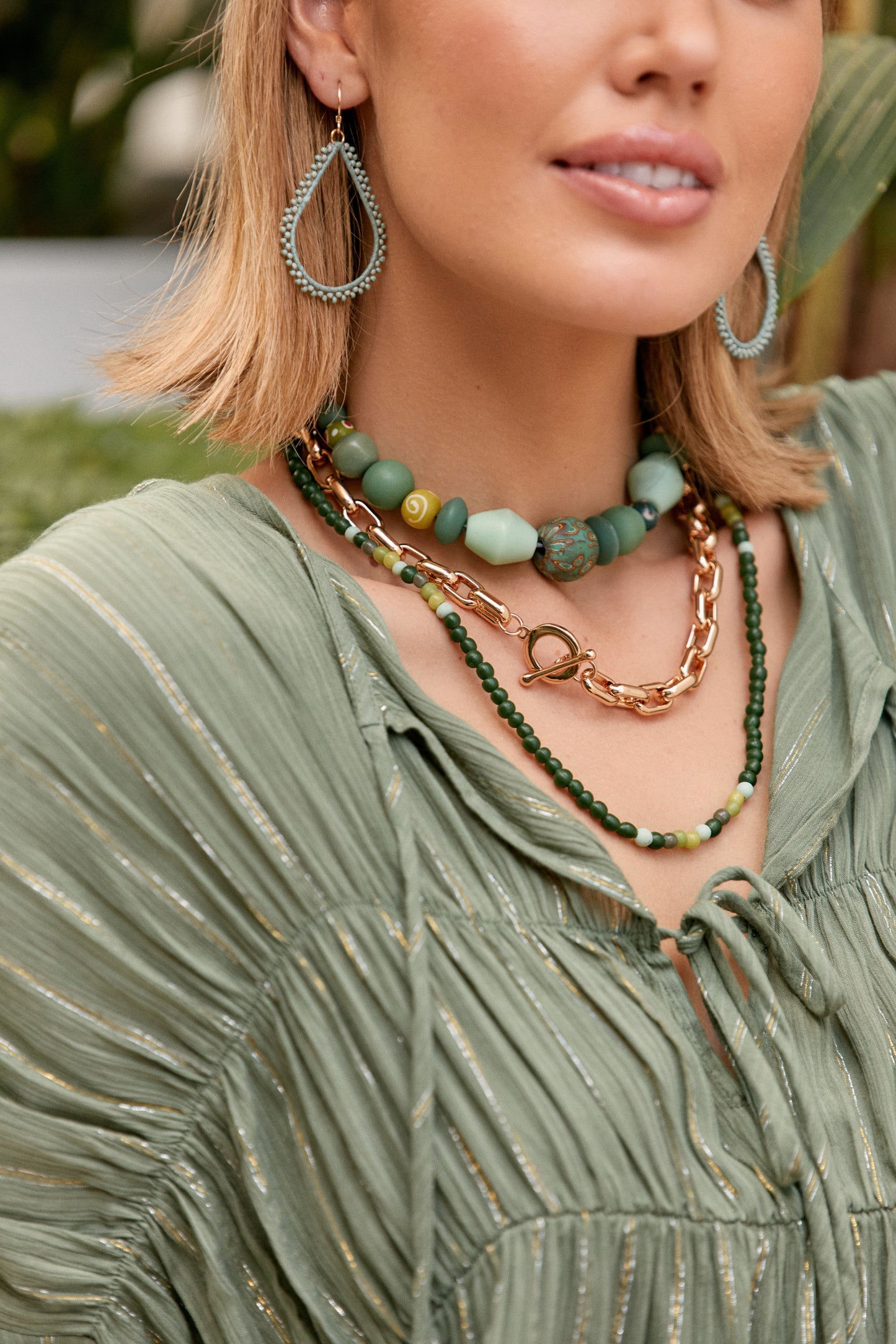 Burleigh Fine Bead Layering Necklace in Green Multi and Tan Multi