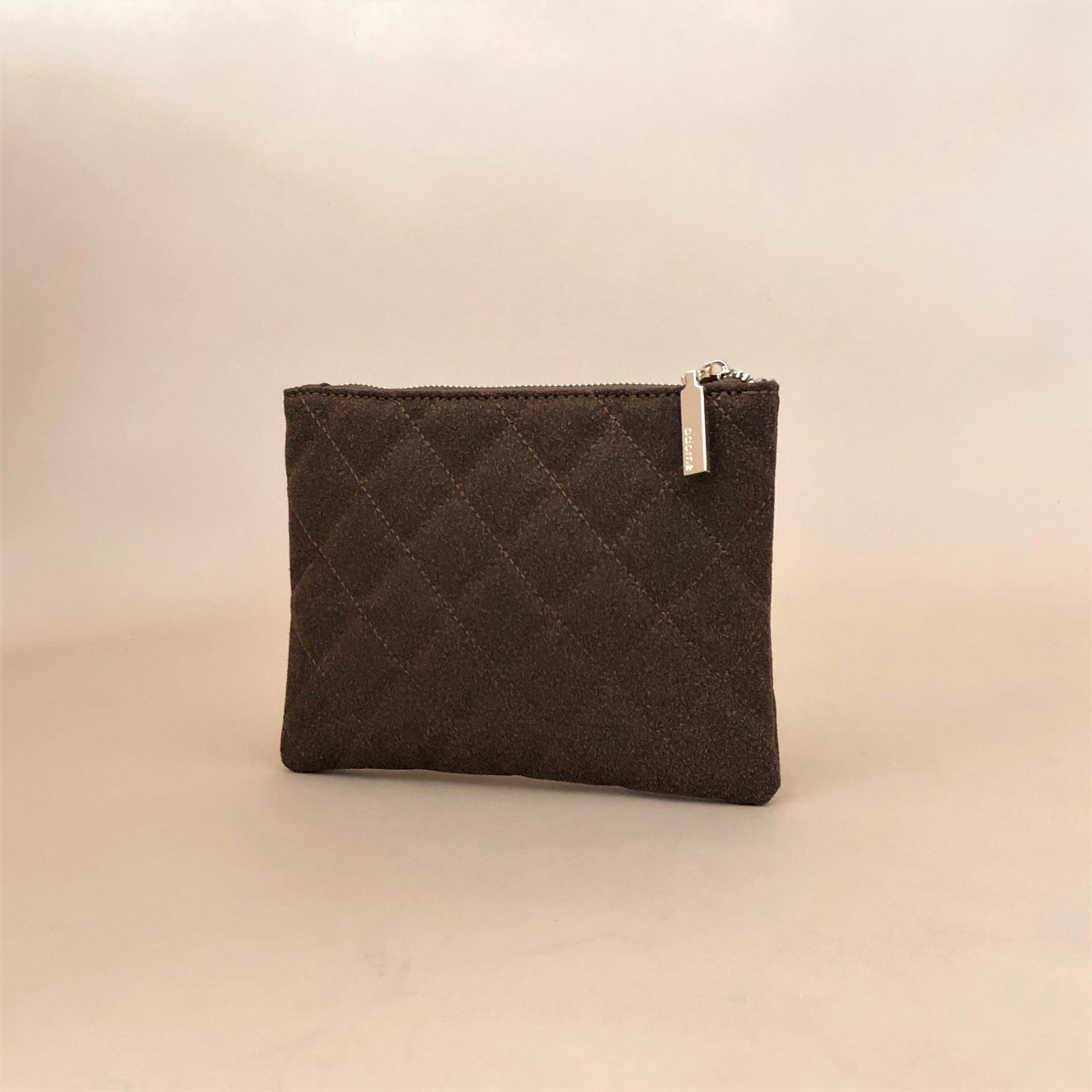 Vegan Suede quilted zip up Pouch bag in Chocolate - sammi