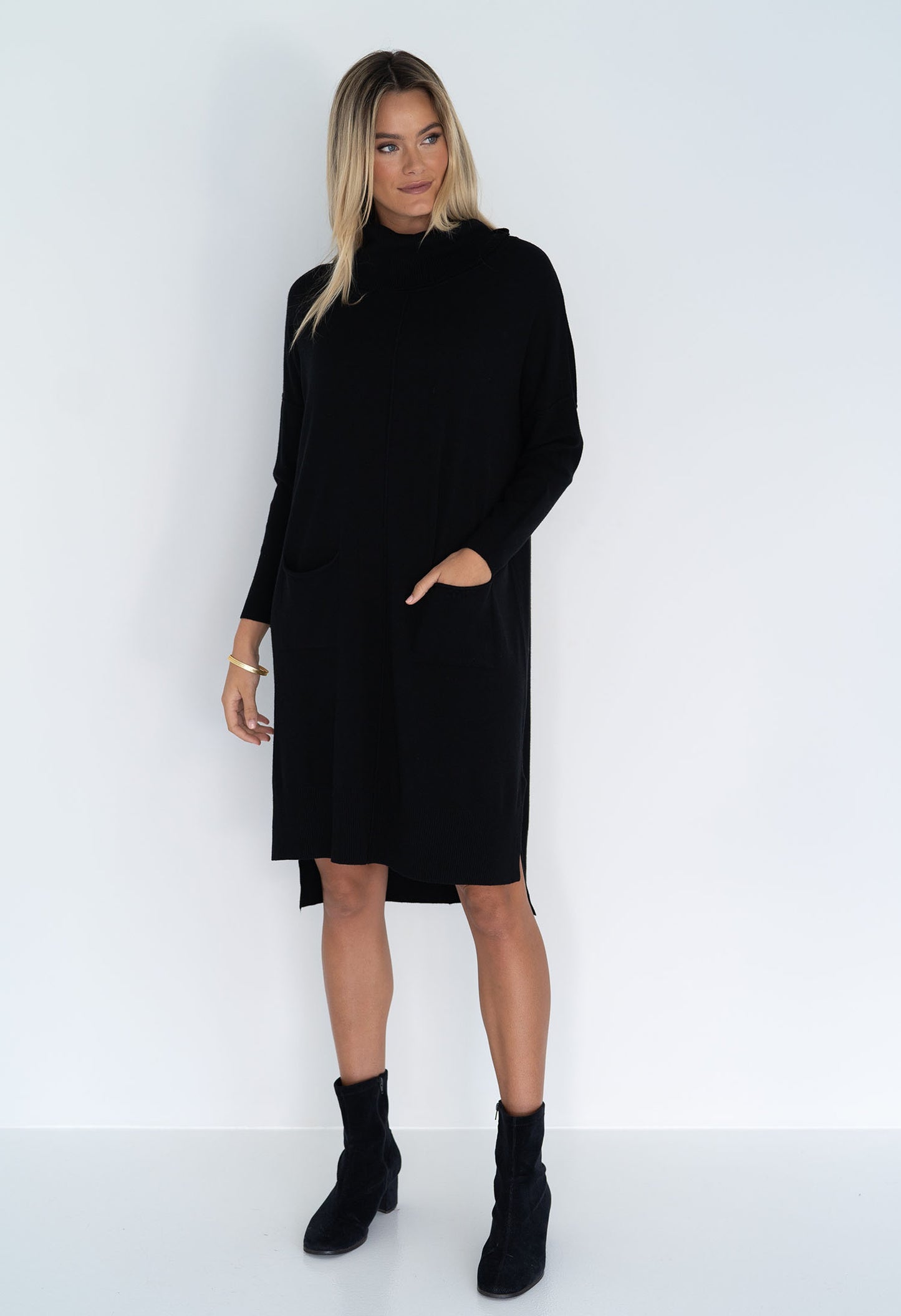 Humidity - Myra Knitted Long Sleeve Winter Dress in Chocolate and Black.