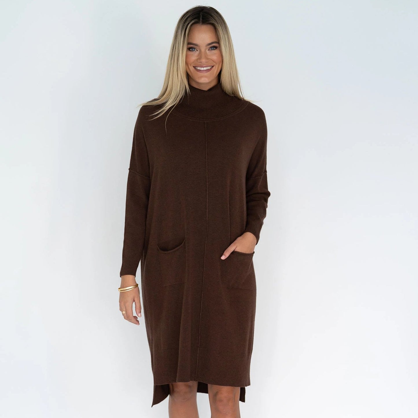 Humidity - Myra Knitted Long Sleeve Winter Dress in Chocolate and Black.