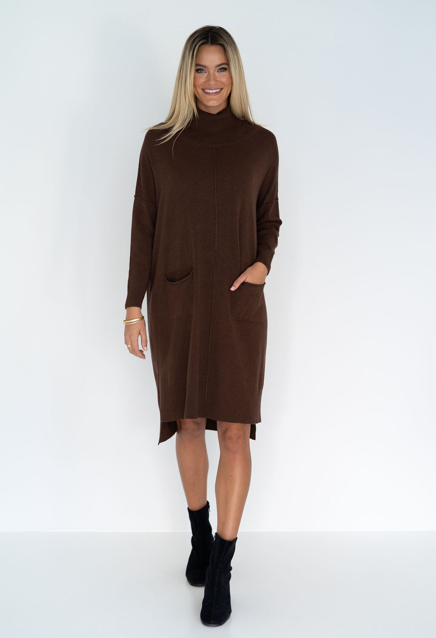 Humidity - Myra Knitted Long Sleeve Winter Dress in Chocolate and Black.