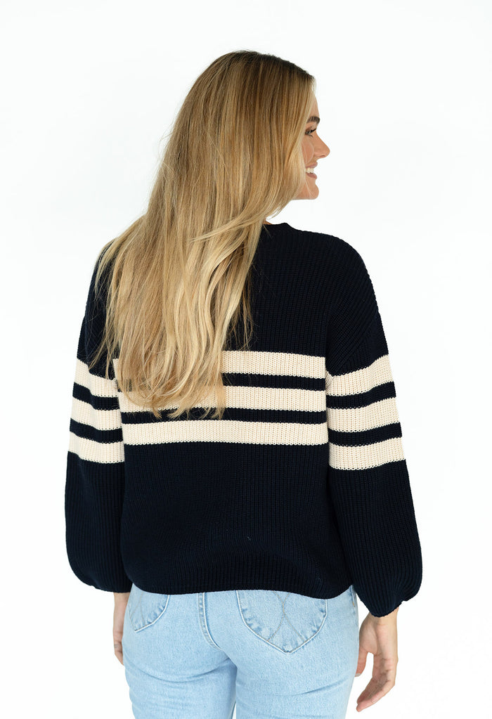 The Flipside Jumper by Humidity in Deep Navy and featuring Beige Stripe detail.