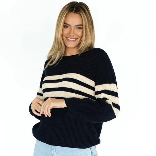 The Flipside Jumper by Humidity in Deep Navy and featuring Beige Stripe detail.