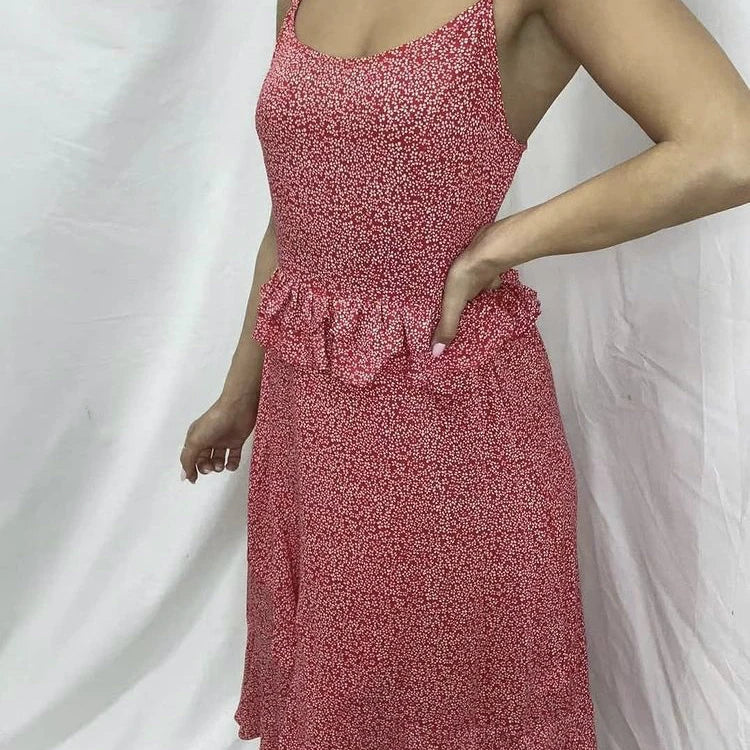 Pink Diamond Red Dress with Ruffle detail. - sammi