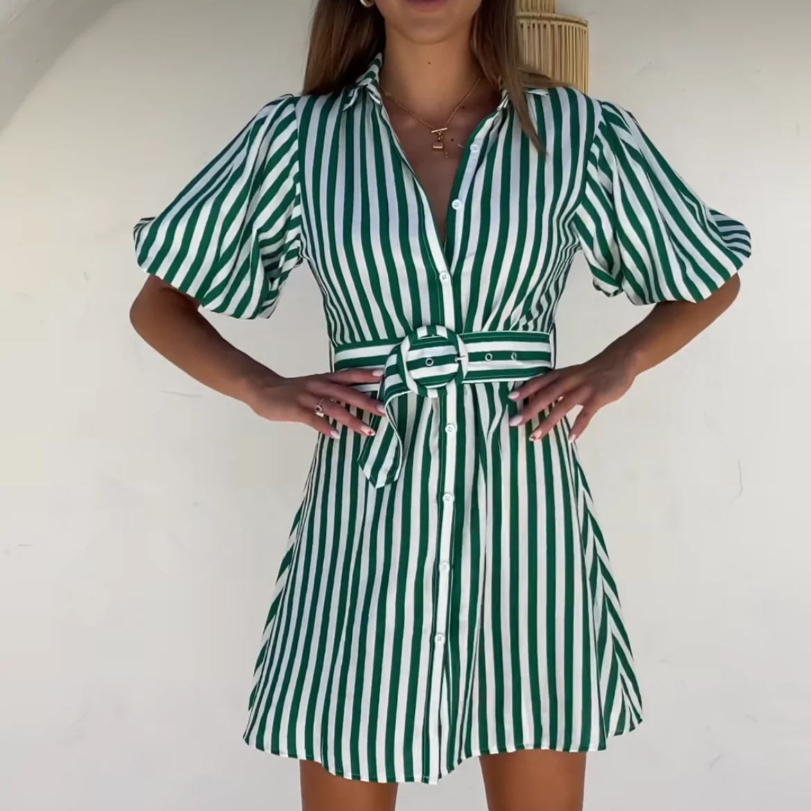 Dream House - Green and White Stripe Dress with Belt and Puff Sleeve