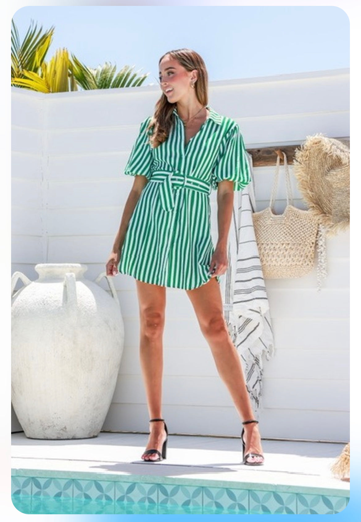 Dream House - Green and White Stripe Dress with Belt and Puff Sleeve