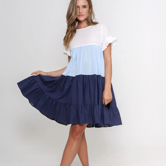 White, Pale Blue and Navy Dress